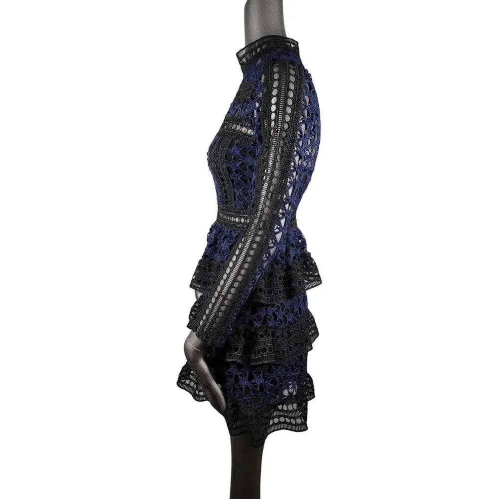 Self Portrait Blue Dress Black Lace Tiered Ruffle Mini Peplum 2